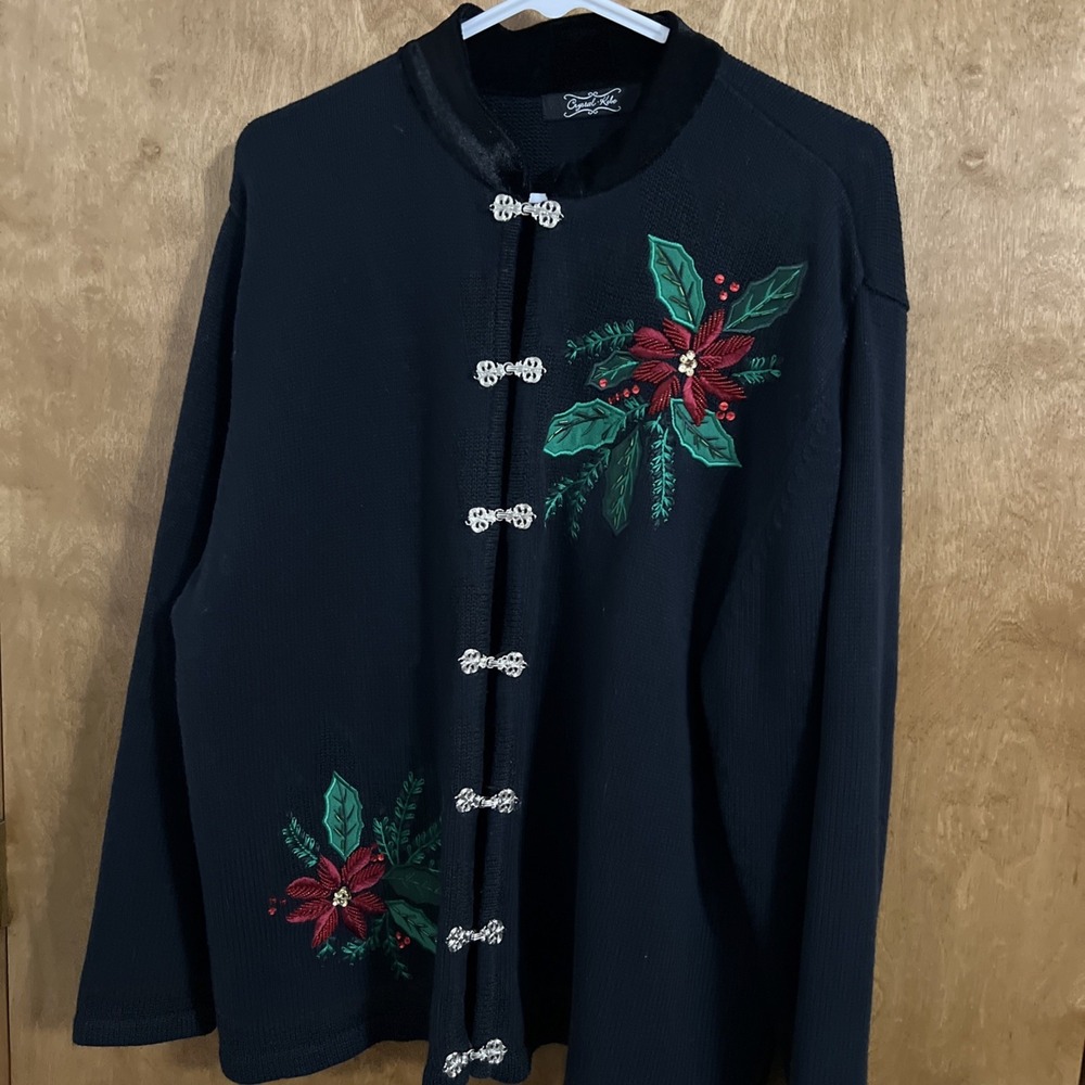 VTG Crystal Kobe Christmas Sweater Black Embroidered Sequins Beads Ugly Size XL‎